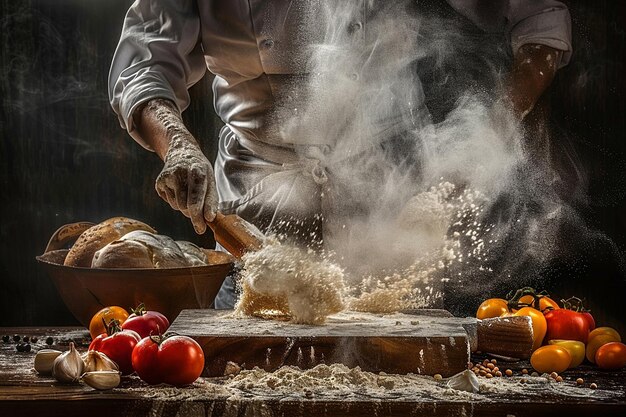 Pizza Chef Shaping Dough on Wooden Board