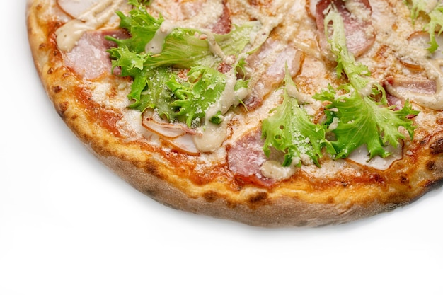 Pizza Close Up with ham bacon green salad and cheese isolated on white background Copyspace Top view