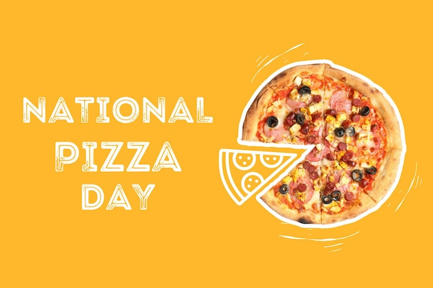 Pizza dag pizza met snijstukken op een gele achtergrond