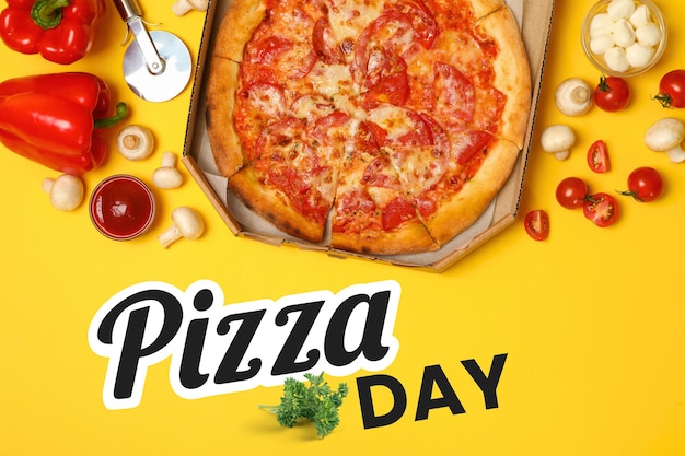 pizza day pizza with cuts on a yellow background