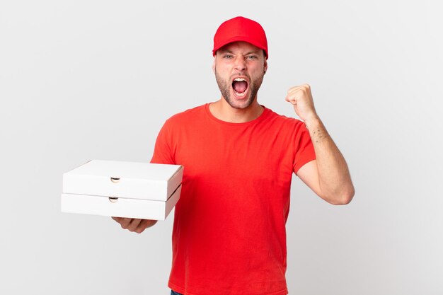 Pizza deliver man shouting aggressively with an angry expression