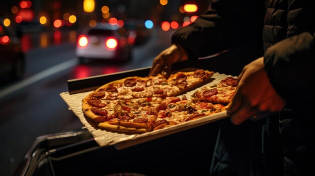 Foto il fattorino della pizza tiene in mano una pizza grande