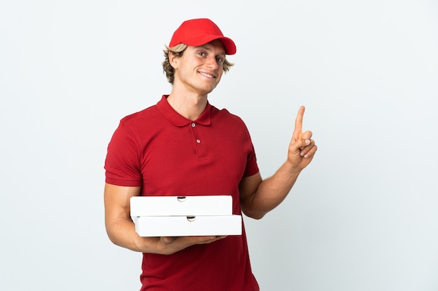 Pizza delivery man isolated and lifting a finger in sign of the best