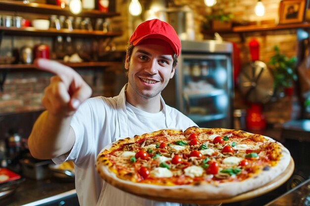 Photo pizza delivery man pointing up