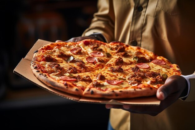 Foto una persona che consegna la pizza consegna una scatola di pizza di carne