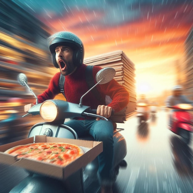 Foto l'addetto alla consegna della pizza sullo scooter si precipita a consegnare gli ordini ai clienti in caso di maltempo nel traffico intenso