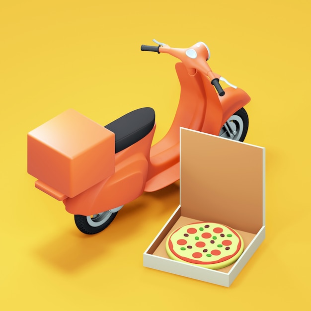 Скутер для доставки пиццы и коробка для пиццы. 3D визуализация