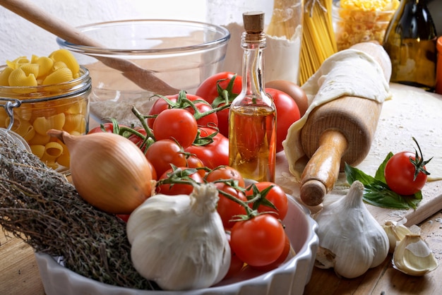 Pizza dough and ingredients