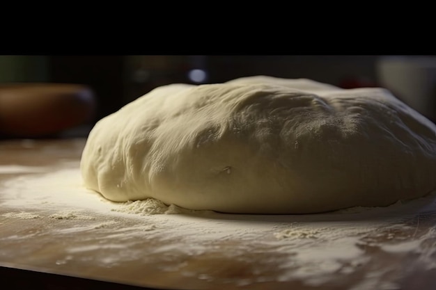 Тесто для пиццы растянуто и готово к начинке в замедленной съемке, созданной с помощью генеративного ИИ