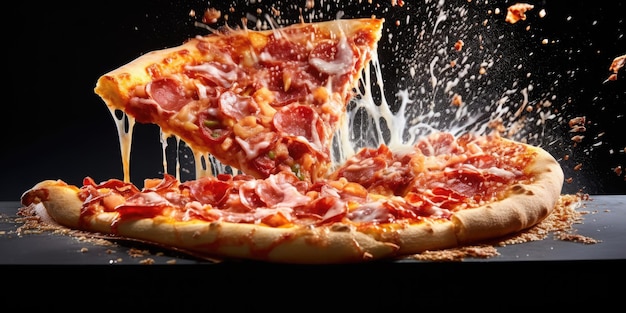Pizza Explosion Wide Shot in Bright Environment White Lighting Solid Color Isolation