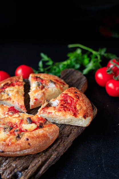 pizza fast food cheese, tomato sauce, tomato flatbread on thick dough