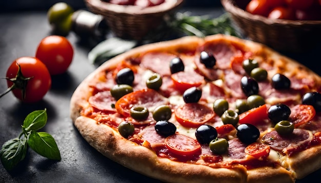 Pizza filled with tomatoes salami and olives stock photo