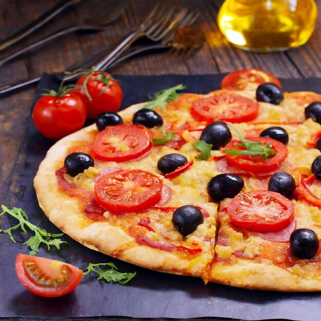 Photo pizza filled with tomatoes salami and olives