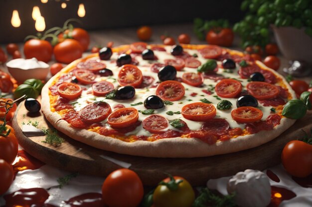 Pizza filled with tomatoes salami and olives