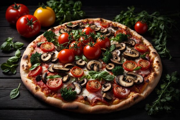 Pizza filled with tomatoes salami and olives