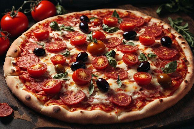 Pizza filled with tomatoes salami and olives