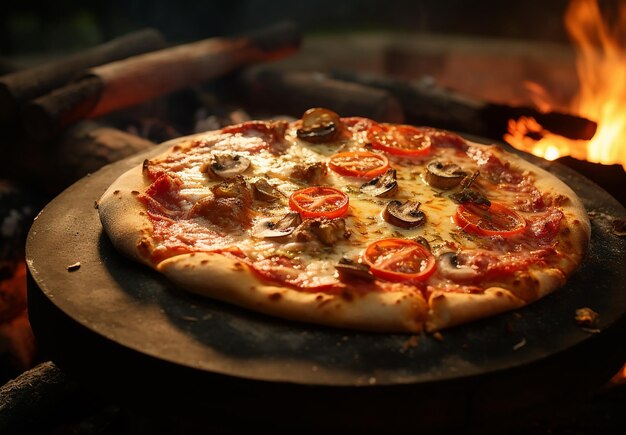 Pizza In Firewood Oven With Flame Behind