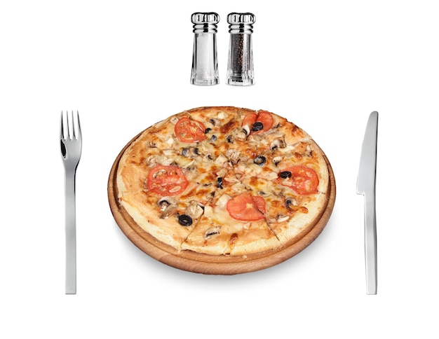 Pizza and fork knife isolated on white