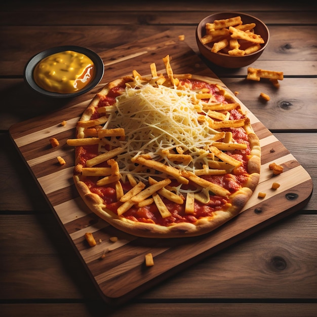 Pizza fries with wood background generated by Ai