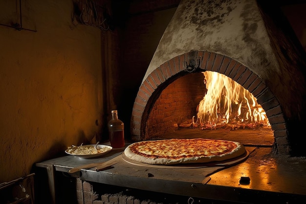 Pizza from Italy is prepared in a wood fired oven