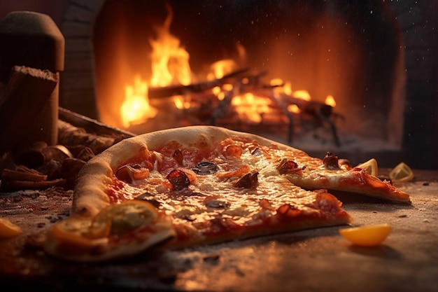 Pizza in front of a fire in the fireplace Shallow depth of field