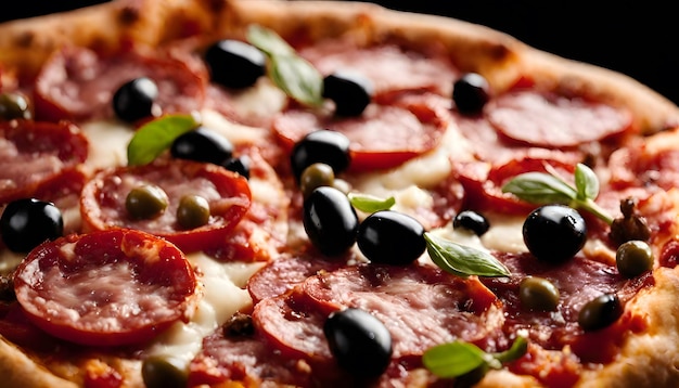 Pizza gevuld met tomaten salami en olijven foto