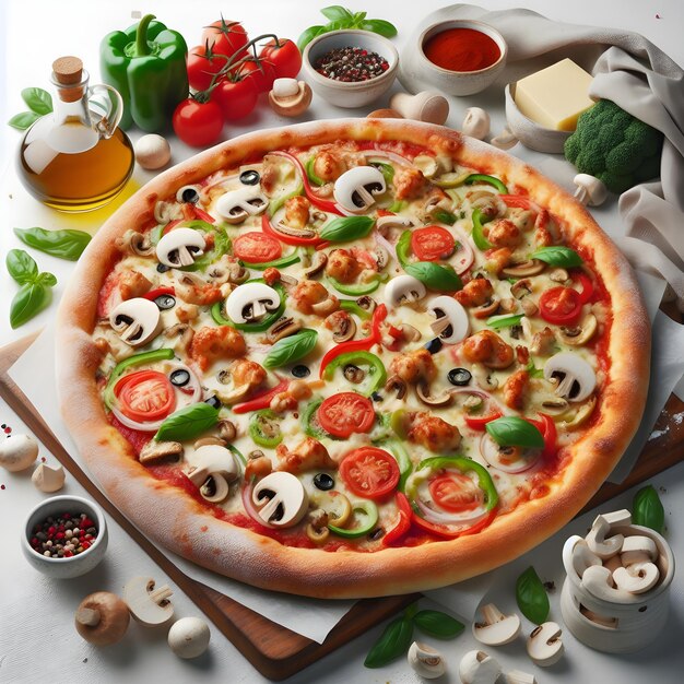Pizza gevuld met tomaten, salami en olijven.