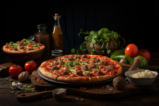 Pizza gist flatbread tomatensaus kaas kruiden een traditioneel Italiaans gerecht gestapelde vulling van tomatensaus kaas ingrediënten zoals vlees groenten champignons en ander voedsel pizzaiolo