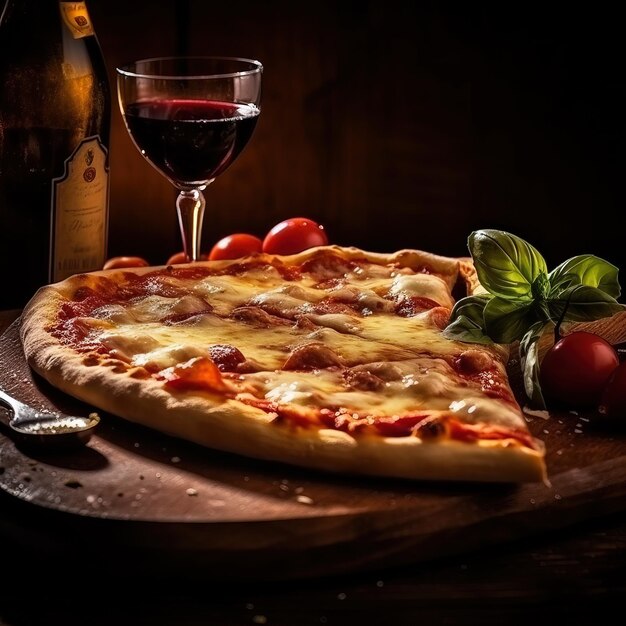 A pizza and a glass of wine next to a bottle of wine