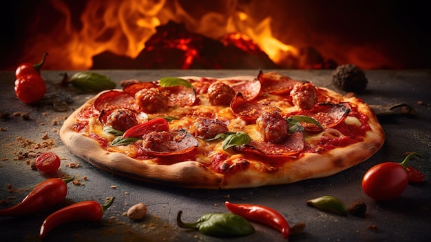 A pizza on a grill with a fireplace in the background.