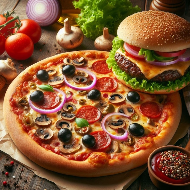 Pizza e hamburger foto realistica