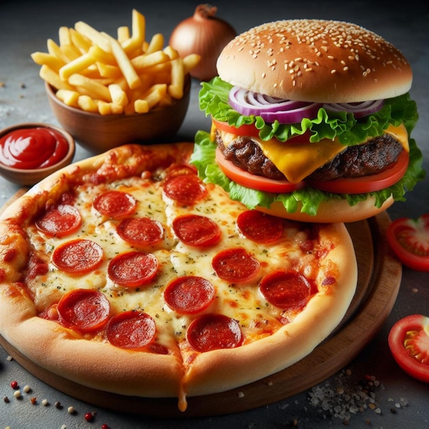 Pizza and hamburger realistic photo