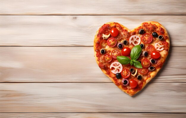 Photo pizza heart shape on light wooden background top view