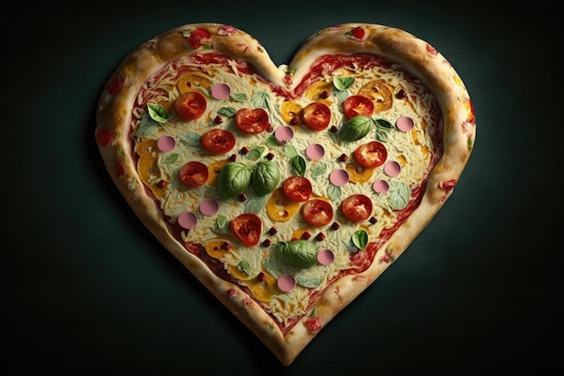 Photo pizza heart shape with a red cherry in the center of it