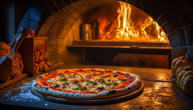 Pizza heaven delicious pizzas baked in a large pizza oven Generative AI