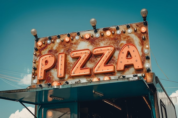 Photo a pizza illuminated sign above a street food vendor truck