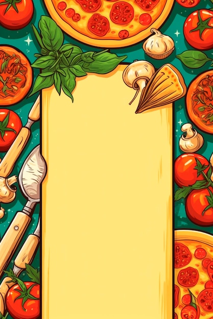 Pizza illustration vertical with copy space Expertly Arranged Ingredients on colourfull Background