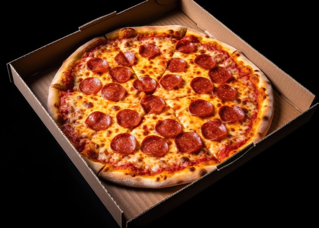 Pizza in een kartonnen doos tegen een donkere achtergrond Ruimte voor tekst View from above Pizza delivery Pizza menu