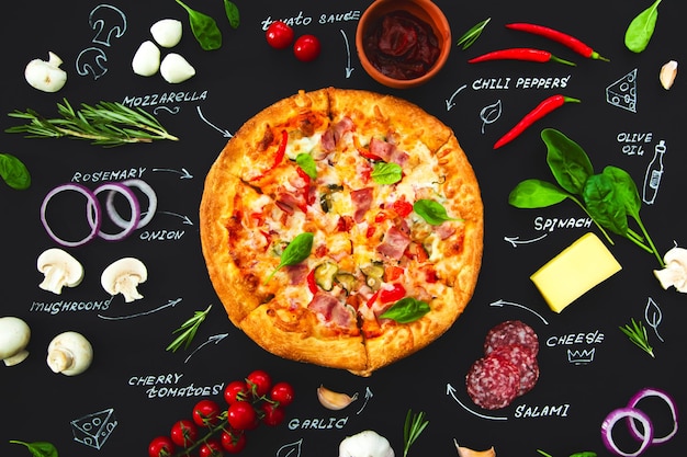 pizza ingredients and product names written in chalk on a black background banner menu recipe