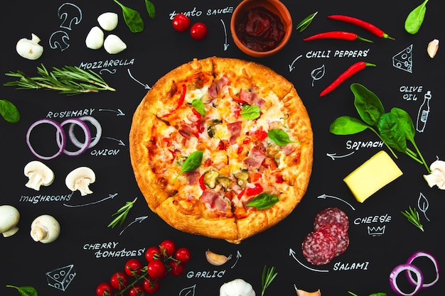 Photo pizza ingredients and product names written in chalk on a black background banner menu recipe