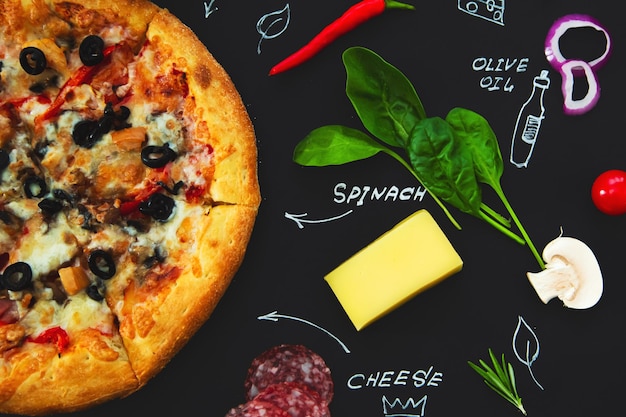 Pizza ingredients and product names written in chalk on a black background