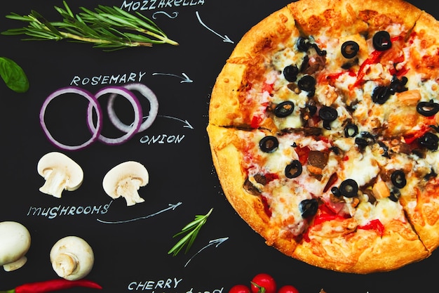 Pizza ingredients and product names written in chalk on a black background