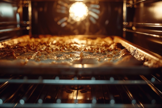 Foto una pizza si sta cucinando in forno con la luce accesa. perfetto per disegni e pubblicità legate al cibo.