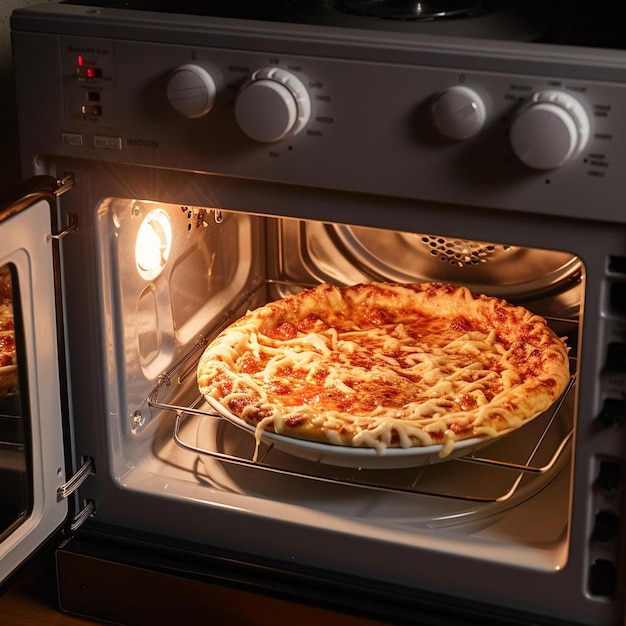 a pizza is being cooked in an oven with the time of 4 : 00.