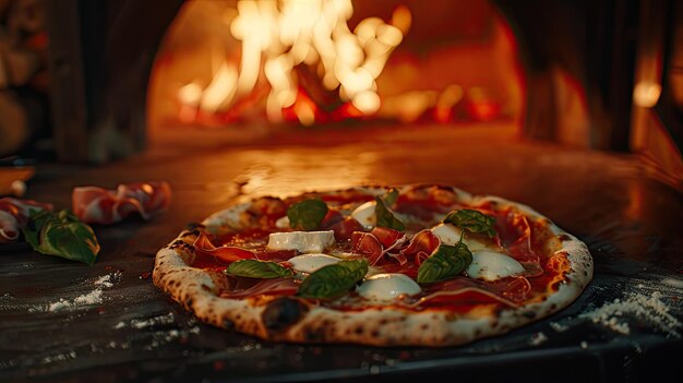 Photo a pizza is in a brick oven with a fire behind it