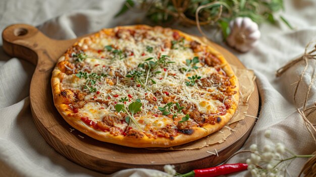 The pizza is presented on a unique rustic wooden board placed on a textured linen tablecloth that adds depth and a touch of elegance to the composition