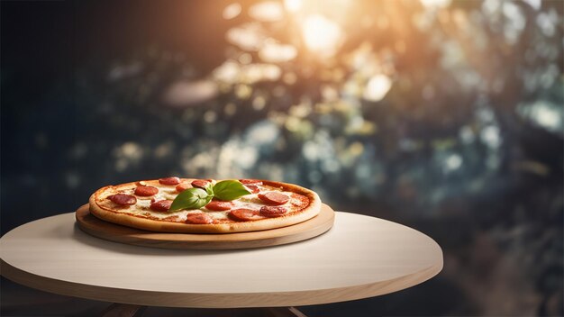 pizza is served on a wooden board with natural light Generative AI