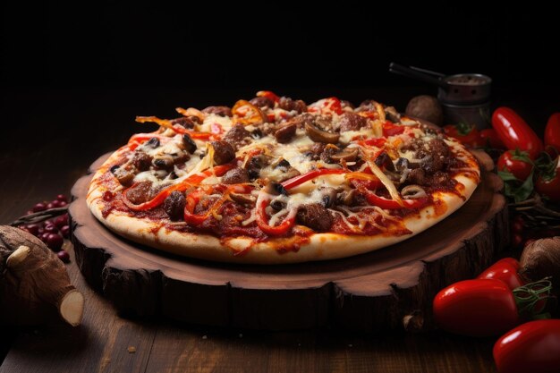 Pizza is on a wooden platter on a table