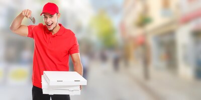 Pizza jongen bezorging latijnse man bestelling leveren snijder banner leveren doos jonge stad copyspace kopie ruimte
