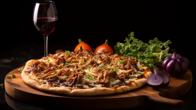 An pizza loaded with toppings is presented on a table accompanied by a glass of wine Generative AI